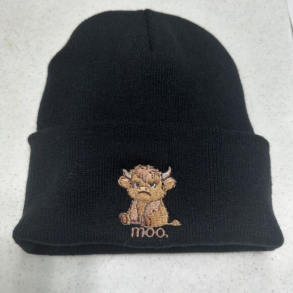 Highland Cow Beanie Embroidered Stocking Hat Grumpy Cow Black Unisex NEW - Picture 1 of 4
